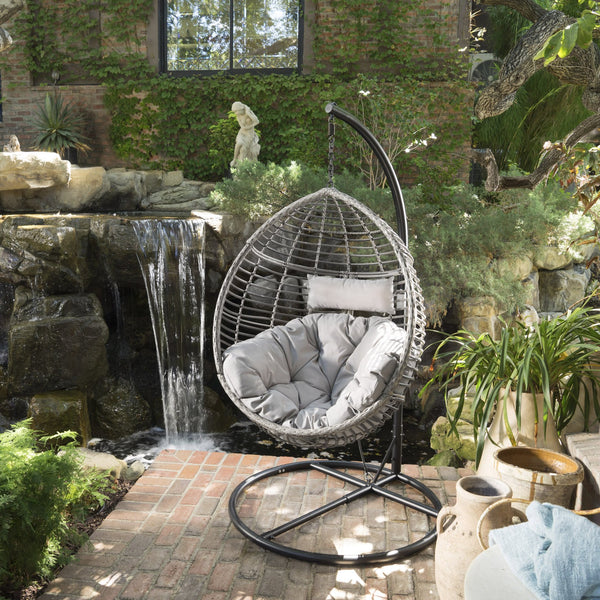 English Elm Christopher Knight Home® - HANGING Basket Chair with Water-Resistant Cushions, Durable PE Rattan & Steel Frame for Indoors Outdoors Grey 60654.00BSTGRY