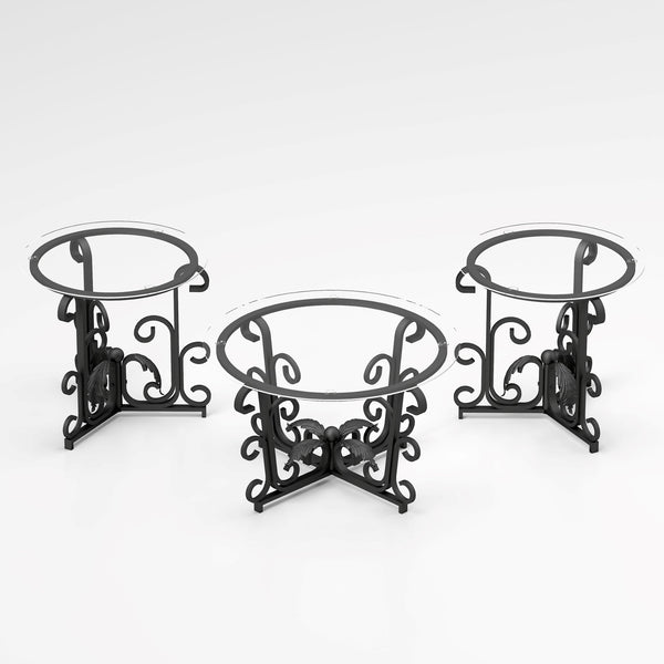 English Elm 3 Piece Tempered Glass Surface Coffee Table Set – Rustic Black 3-tier Round Nesting Tables, Sturdy Stylish Living Room Decor (98) W2167P231401