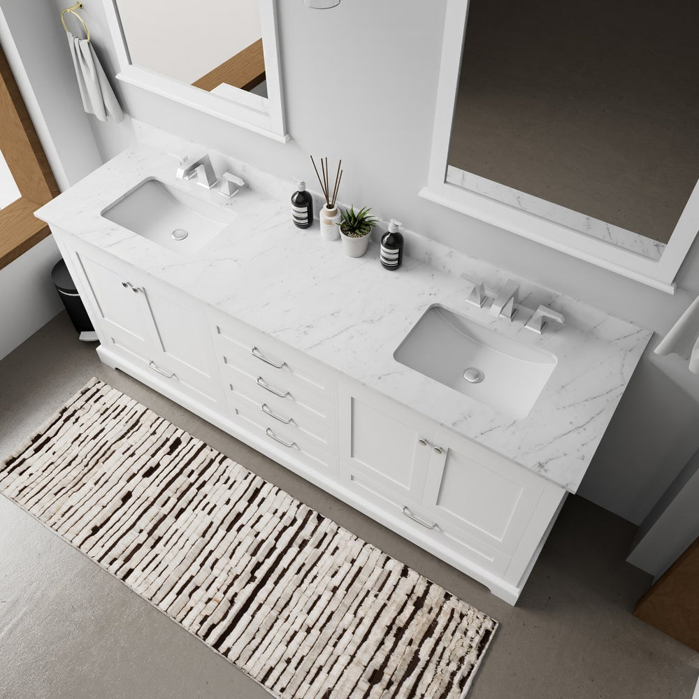 English Elm White Double Bath Vanity 80" W x 22" D with Carrara Marble Top, Soft-Close Drawers & Chrome Faucet Set B2731P258396