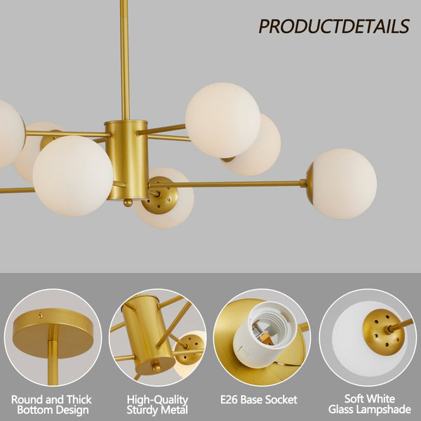 English Elm 35" Mid-century Branching Chandelier Eight Frosted Globe Shades Gold Iron Frame W2312P471909
