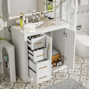 English Elm 36'' Bathroom Vanity with Ceramic Sink Combo, Solid Wood Frame, Soft-Close Drawers and Stylish Retro Groove Design White N710P291684K
