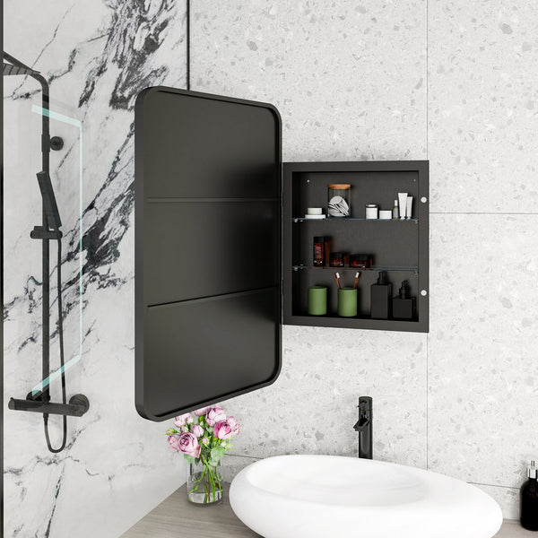 English Elm Rectangle LED Medicine Cabinet Mirror with Soft Touch Light, Magnetic Accessories, Tempered Shelves, Wall-Mounted Storage Black W688P210792