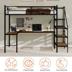 English Elm Loft loft bed with L-shaped desk, built-in storage stairs, 360° guardrail, sturdy iron frame for small rooms Black W1935S00003