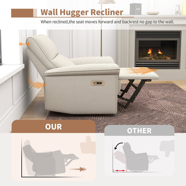 English Elm Wall Zero Wall Power Recliner Chair with Overstuffed Backrest, USB Type-C Charging Port, Space-Saving Electric Recliner for Small Rooms Beige+Grey W1028S00053