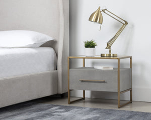 Sunpan Venice Nightstand – Glamorous Acacia Wood Design with Tempered Glass Top and Antique Brass Hardware Grey Shagreen