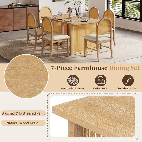 English Elm TREXM 7-Piece Farmhouse Dining Set with Distressed Oak Veneer Table and Upholstered Rattan Chairs, Rustic Elegance for Family Meals Beige,Natural ST000149AAN