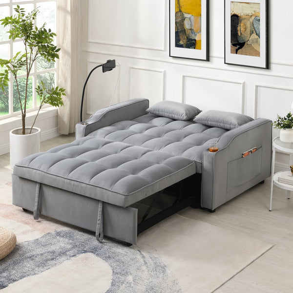 English Elm Modern Velvet Loveseat Futon Sofa with Pullout Bed, 3-in-1 Convertible Sleeper, USB Ports, Pockets Light Gray 46.85 L x 38.98 W x 16.14 H W2297P224268
