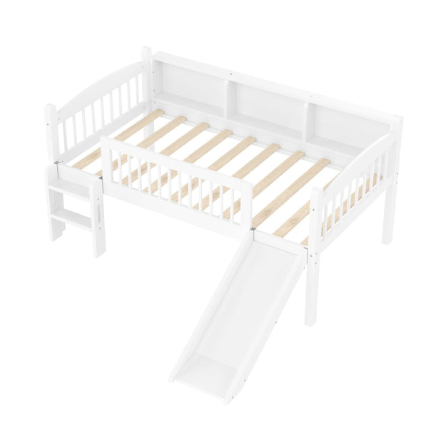 English Elm Twin Low Loft Bed Solid Pine Frame with Built-in Led Lighting and Storage Shelves Light White W1580P395928