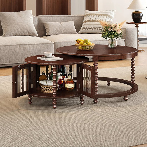 English Elm Vintage Walnut Nesting Coffee Table with Bamboo-Style Glass Doors, Retro Beaded Legs, Space-Saving Design N735P305623D