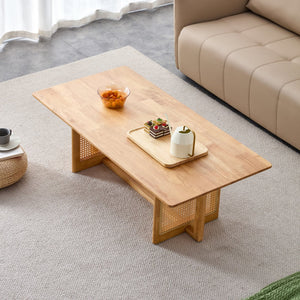 English Elm Chinese imitation rattan solid wood tea table rectangular coffee table for small living rooms, natural finish, easy assembly W1512P400735