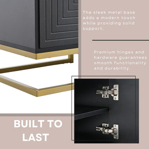 English Elm ON-TREND Modern TV Stand with Geometric Doors, Gold Metal Base, Adjustable Shelves & Cable Management Black+Gold WF325614AAB