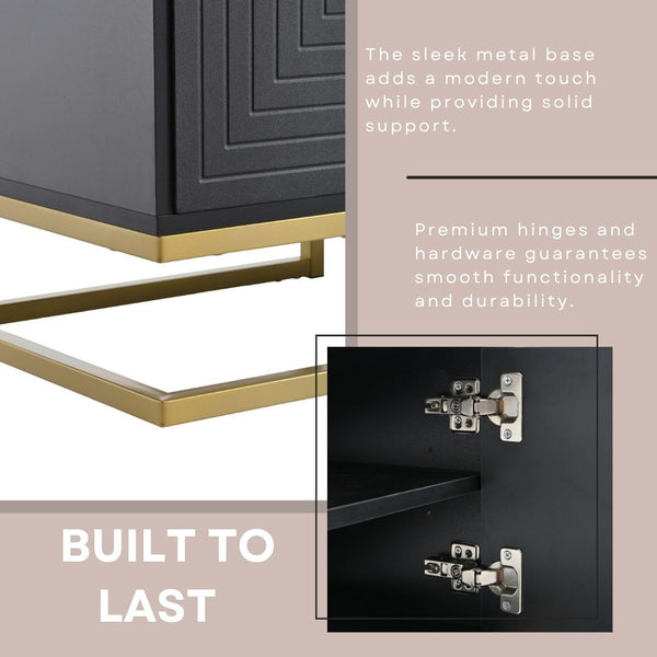 English Elm ON-TREND Modern TV Stand with Geometric Doors, Gold Metal Base, Adjustable Shelves & Cable Management Black+Gold WF325614AAB