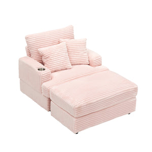 English Elm 39-inch Spring Corduroy Armchair and Ottoman Set with Cup Holder, Plush Sponge Cushions, 350lb Support Pink W1658S00047