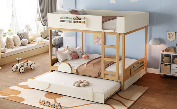 English Elm Queen Bunk Bed with Trundle Solid Pine Kids Car Themed Frame Built-in Bookshelf Natural+Beige W1580S00449