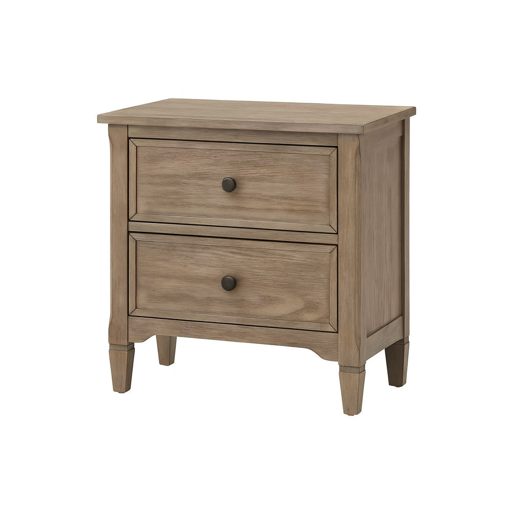 English Elm 2-Drawer Rustic Nightstand with Round Bronze Pulls, Wire-Brushed Warm Gray Finish, Compact Storage B016P356197