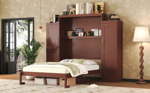 English Elm Queen Murphy Wall Bed Walnut Wooden Frame Dual Wardrobes Foldable Guest Room Storage N733S235627D