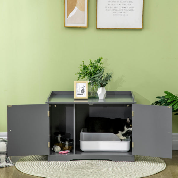 English Elm PawHut Farmhouse Hidden Cat Litter Box End Table with Magnetic Doors, Wide Storage & Side Shelf Grey W2225P229313