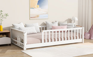 English Elm Twin Size Floor Bed With Integrated Book Rack & Cozy Nook For Imaginative Kids’ Bedrooms, White W504P345769-GIGA