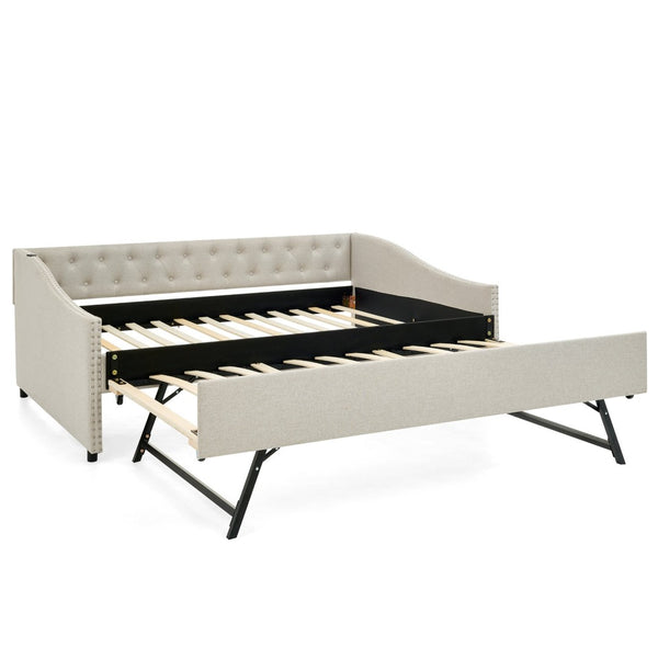 English Elm Full Size Upholstered Daybed with Trundle Usb Ports Tufted Back Wave Arms W1413S00158