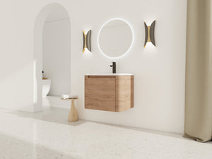 English Elm 24'' 24" Wall-Mounted Bathroom Vanity with Ceramic Sink, Soft-Close Door, Plywood Build, Space-Saving Design Imitative Oak W999P317928