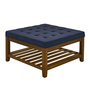English Elm Upholstered Tufted Linen Square Ottoman Coffee Table with Solid Beech Shelf, 33.5" Large Seat Storage Navy Blue W2353P183873