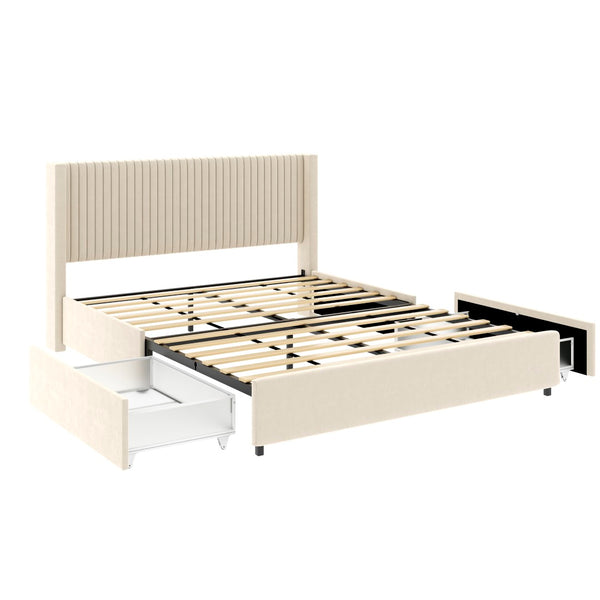 English Elm Same Anna Patented 2-Drawer Queen Storage Bed In Ivory Velvet - Modern Wingback Design With Support B191P191592-GIGA