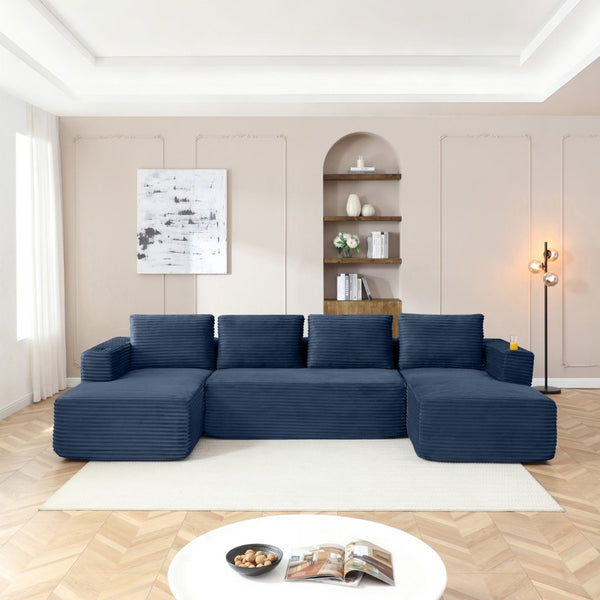 English Elm 132" Modular U-shaped Cloud Sectional Corduroy Deep Seat Sofa with Cupholders W1117S00345