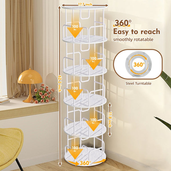 English Elm Rotating 5 Tier Spinning Bookcase Tower Slim 360 Degree Turntable Metal Frame Organizer White W3166P366971