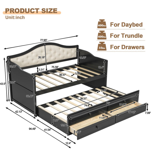 English Elm Twin Daybed with Trundle and 2 Storage Drawers, Upholstered Button-Tufted Sofa Bed for Guest Room Comfort and Organization Black 45.25 L x 19 W x 8 H N733S346767P