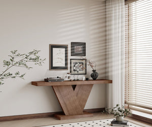 English Elm 66" Mid-century X-leg Console Oak Wash Veneer Entryway Sofa Table Geometric Base Walnut W1435P337637
