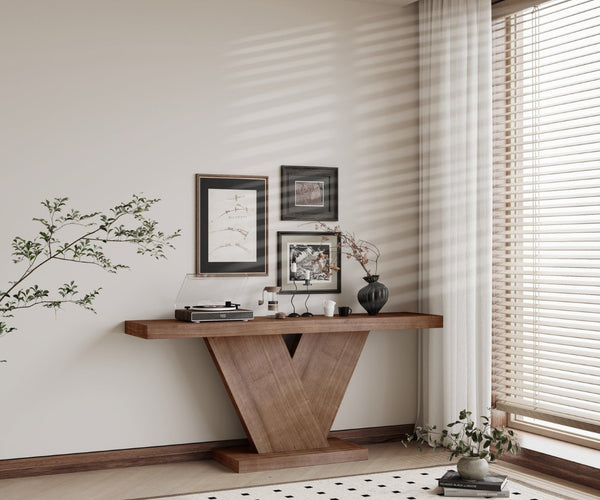 English Elm 66" Mid-century X-leg Console Oak Wash Veneer Entryway Sofa Table Geometric Base Walnut W1435P337637