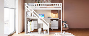 English Elm Full Size Loft Bed with Desk Drawers Led Strip and Staircase for Teen Rooms White LT000258AAK-1