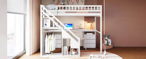 English Elm Full Size Loft Bed with Desk Drawers Led Strip and Staircase for Teen Rooms White LT000258AAK-1