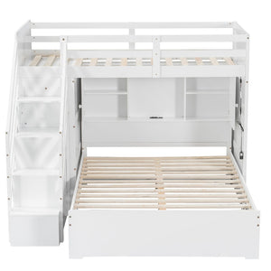 English Elm Twin Over Full Bunk Bed with Wardrobe Storage Stairs Shelves and Usb Charging White LT000292AAK