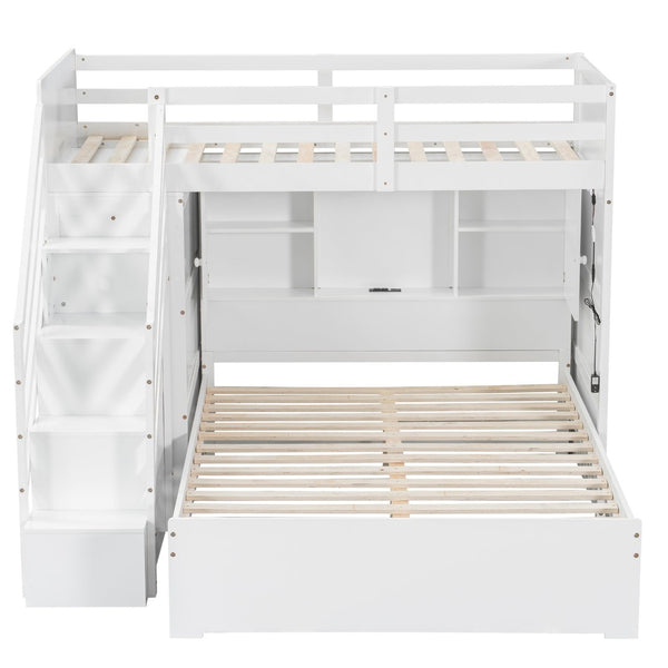 English Elm Twin Over Full Bunk Bed with Wardrobe Storage Stairs Shelves and Usb Charging White LT000292AAK
