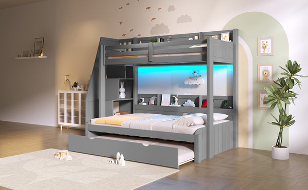 English Elm Twin Over Full Bunk Bed with Stair Drawers Shelves Led Lighting and Usb Port Grey N7090005013E