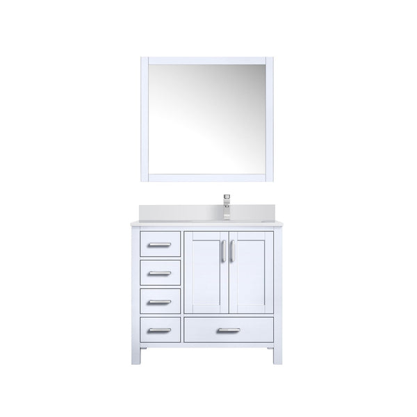 English Elm White Bath Vanity Set With Right-Offset Cultured Marble Top, Chrome Faucet & Matching 34" Mirror B2731S01329-GIGA