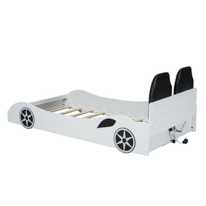 English Elm Wood Twin Race Car Platform Bed with LED Lighting, Upholstered Headrest, Sturdy Pine Build White GX002218AAK