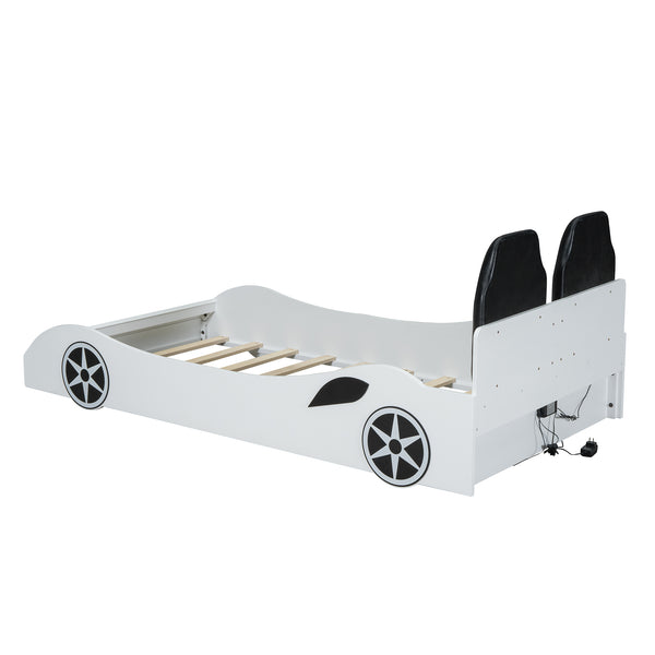 English Elm Wood Twin Race Car Platform Bed with LED Lighting, Upholstered Headrest, Sturdy Pine Build White GX002218AAK