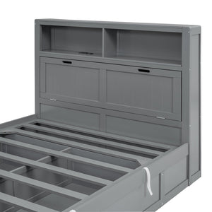 English Elm Wood Queen Size Hydraulic Platform Bed with LED Headboard, Charging Station, Hidden Storage Drawers and Shelves Gray GX000372AAE