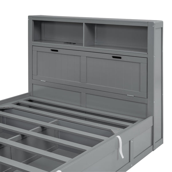 English Elm Wood Queen Size Hydraulic Platform Bed with LED Headboard, Charging Station, Hidden Storage Drawers and Shelves Gray GX000372AAE