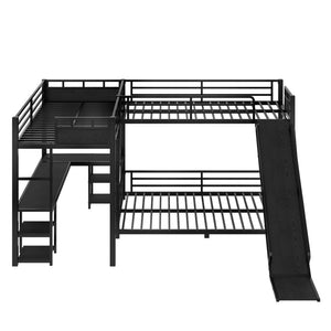English Elm L-shaped Metal Triple Bunk Bed with Slide Desk and Storage for Shared Kids Rooms W1580S00568