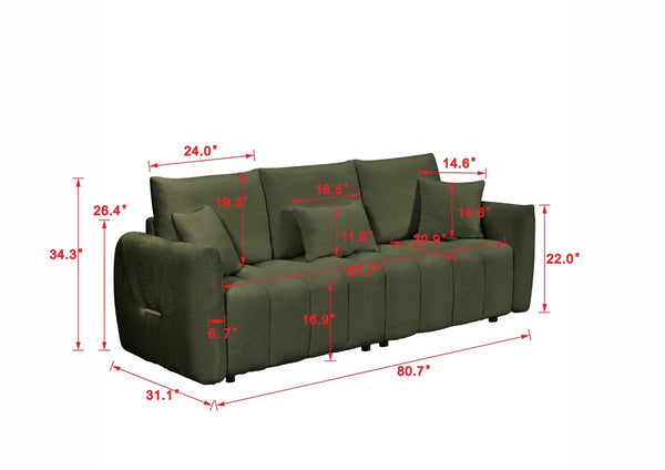 English Elm 80.7 Inch Plush Teddy Velvet 3 Seat Sofa Solid Wood Frame with Six Included Cushions Army Green W2564S00069