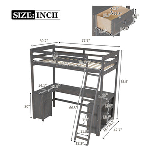 English Elm Twin Loft Bed with U-Shaped Desk, Drawers & Shelves — Antique Brown Twin Work-Study Space, 350lb Capacity GX001038AAD