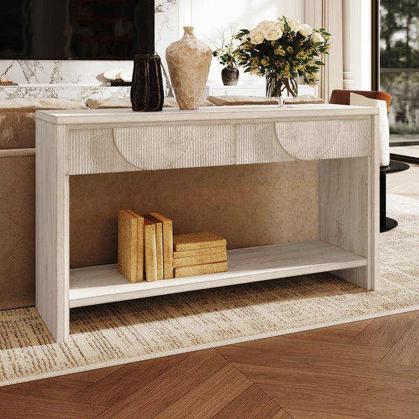 English Elm Farmhouse Distressed Console Table 55" Rustic Solid Wood Sofa Table with Carved Drawers & Shelf White T3833P366467