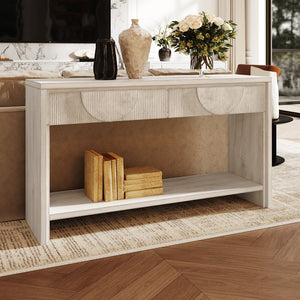 English Elm Farmhouse Solid Wood Console Table with Carved Drawers, Tiered Shelf & Anti-Tip Stability (57.8") White T3833P366467