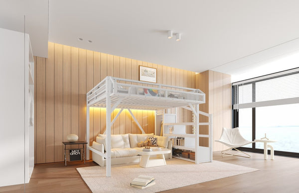 English Elm Full Xl Over Twin Triple Metal Bunk Bed with Storage Stairs and Shelves Black W1580S00414