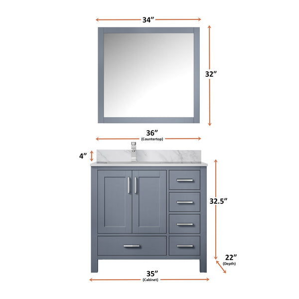 English Elm Dark Grey Bath Vanity Set With Carrara Marble Top, Chrome Faucet & Coordinated 34" Mirror Included B2731S01260