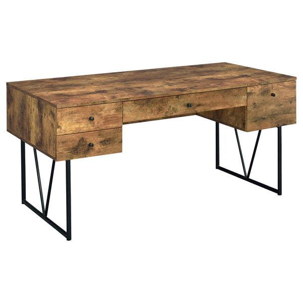 English Elm 1pc Rustic Industrial 63-inch 4-Drawer Writing Desk with Open Shelf, Wood Grain Top and Black Metal Legs Nutmeg Brown 74.21 L x 32.28 W x 6.5 H B011P362072