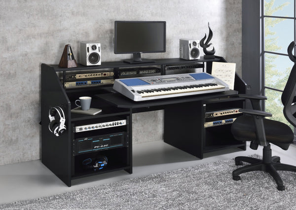 English Elm Black Music Desk With Integrated Earphone Rack - Spacious, Durable, And Organized Workspace For Musicians B062P215478-GIGA